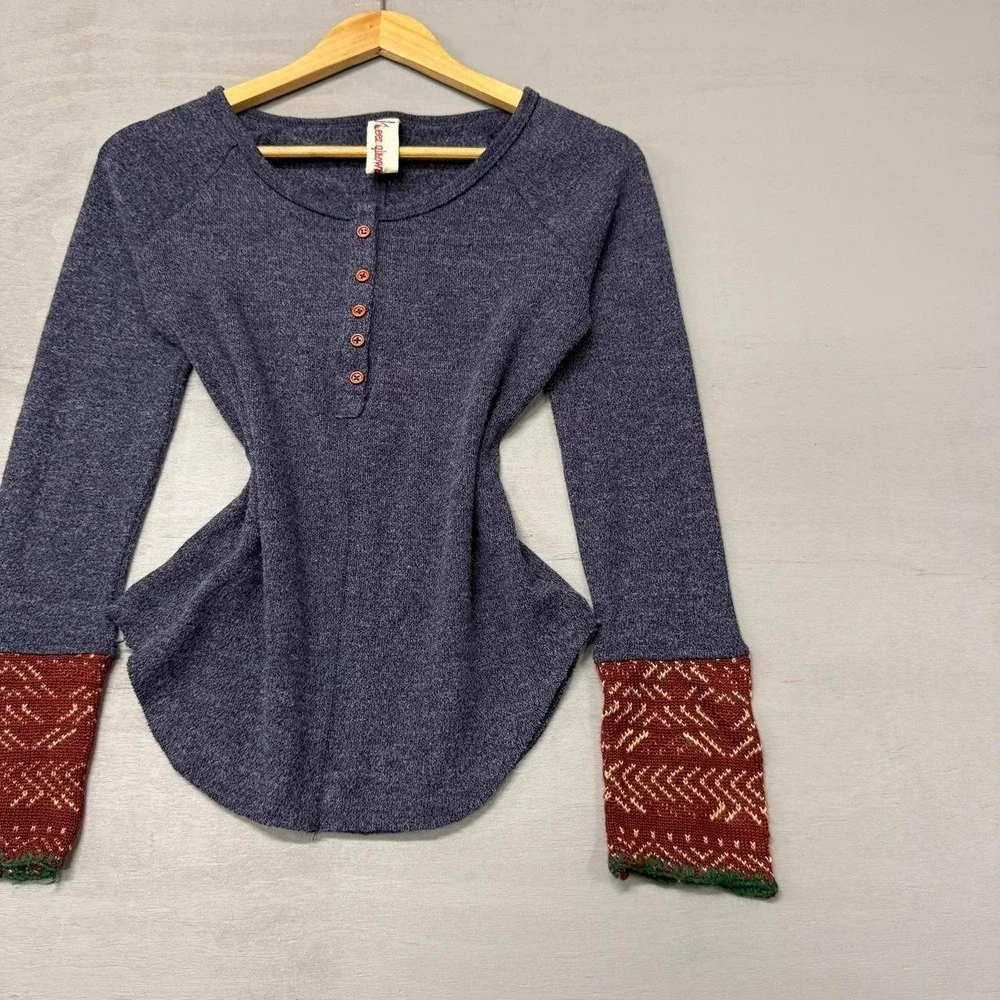 Y2K‎ Alpine Cuff Abercrombie Style Baby Doll Henley Blue Shirt Sweater Medium
